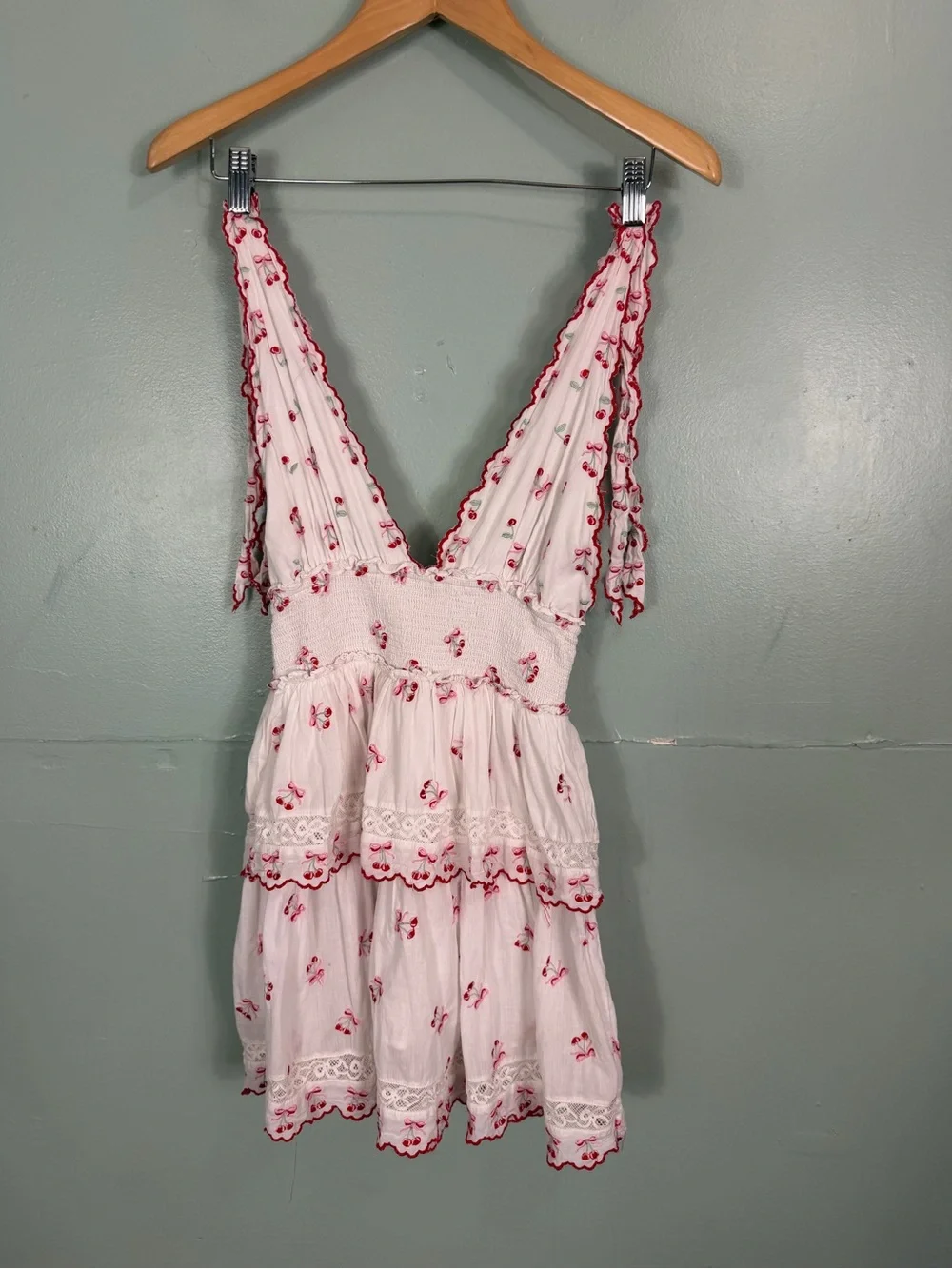 LoveShackFancy Soira Mini Dress Cherry Print XS Ruffle White Red